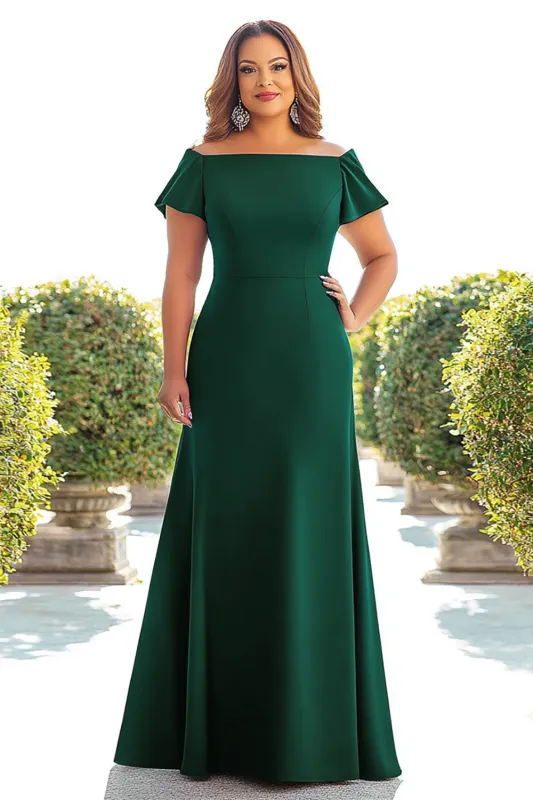 Dark Green Sheath Off the Shoulder Satin Mother of the Bride Dress with Sleeves sold by Zapaka