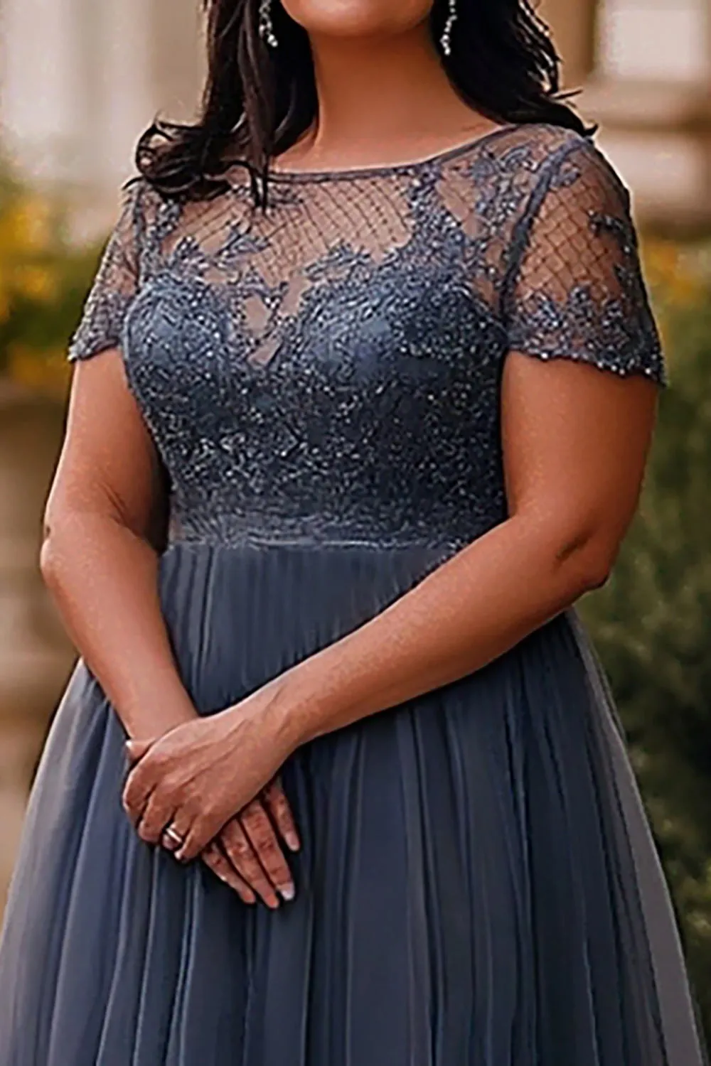 Grey Blue A-Line Tulle Long Mother of the Bride Dress with Lace sold by Zapaka product image thumbnail 2