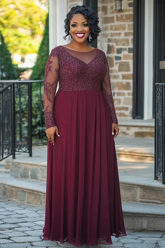 Sparkly Burgundy Sheath Chiffon Long Mother of the Bride Dress with Sequins sold by Zapaka