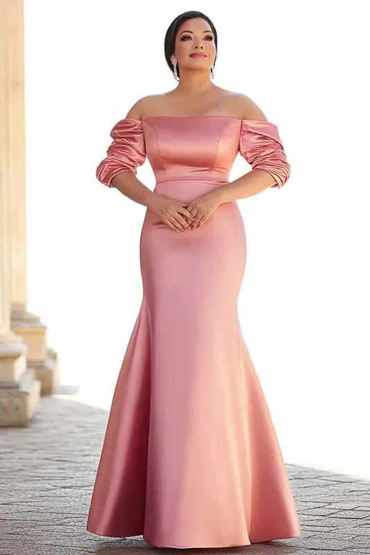 Pink Mermaid Off the Shoulder Sleeves Satin Mother of the Bride Dress with Ruched sold by Zapaka