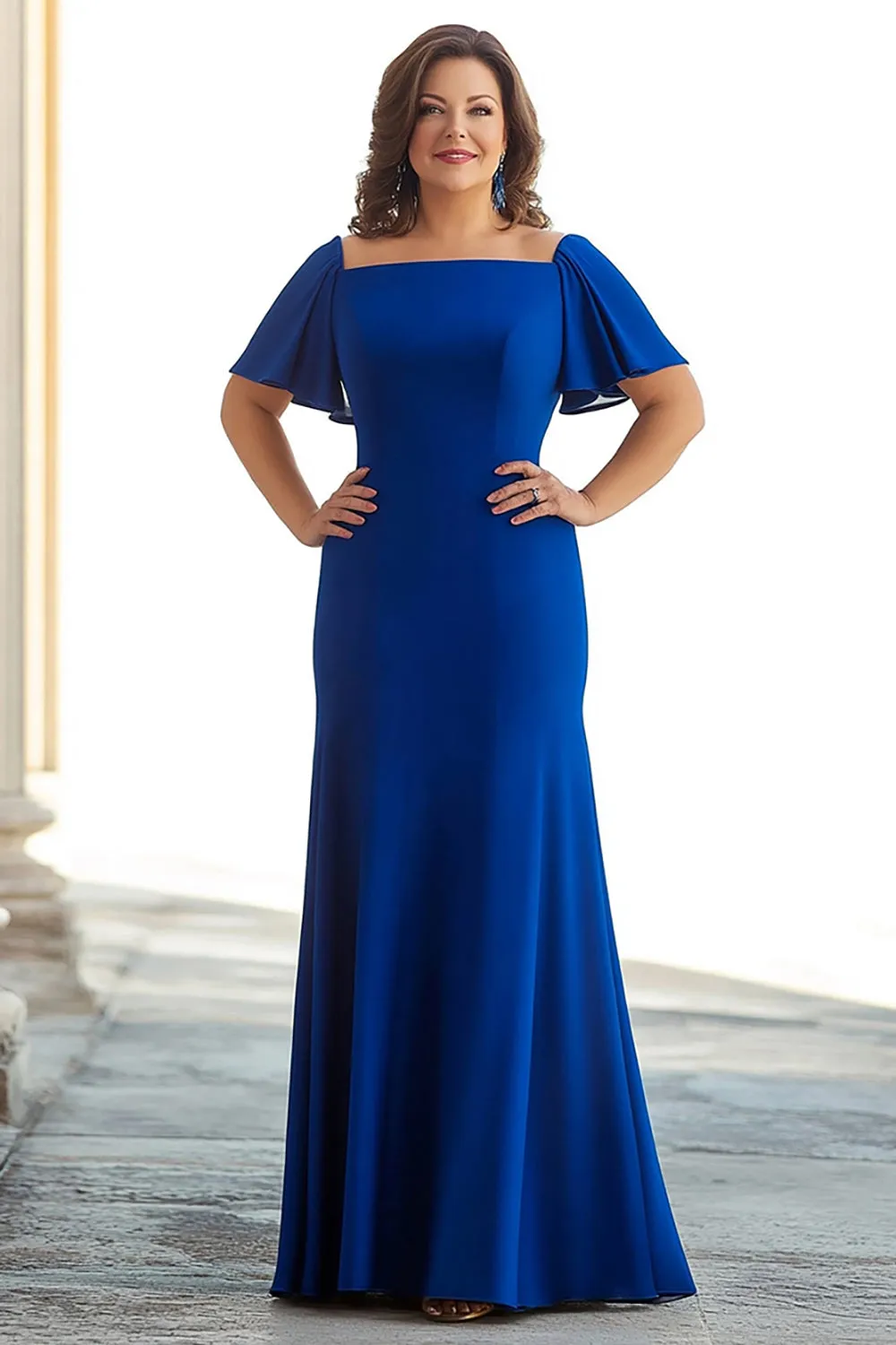 Royal Blue Sheath Ruffle Sleeves Long Mother of the Bride Dress sold by Zapaka