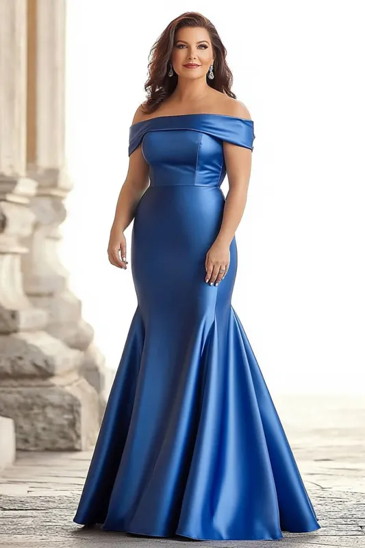 Royal Blue Mermaid Off the Shoulder Satin Long Mother of the Bride Dress sold by Zapaka