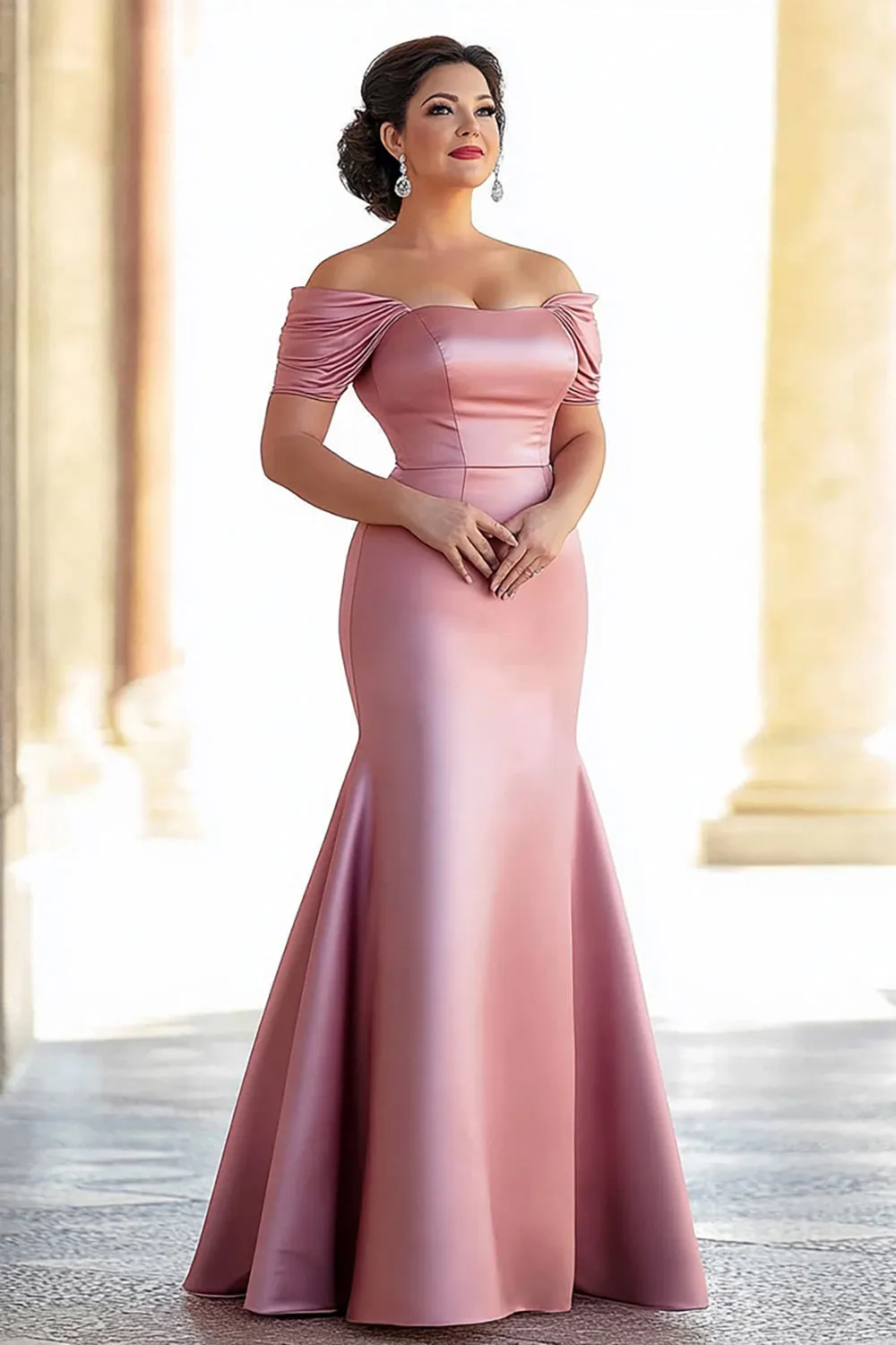 Pink Sheath Ruched Off the Shoulder Satin Long Mother of the Bride Dress sold by Zapaka