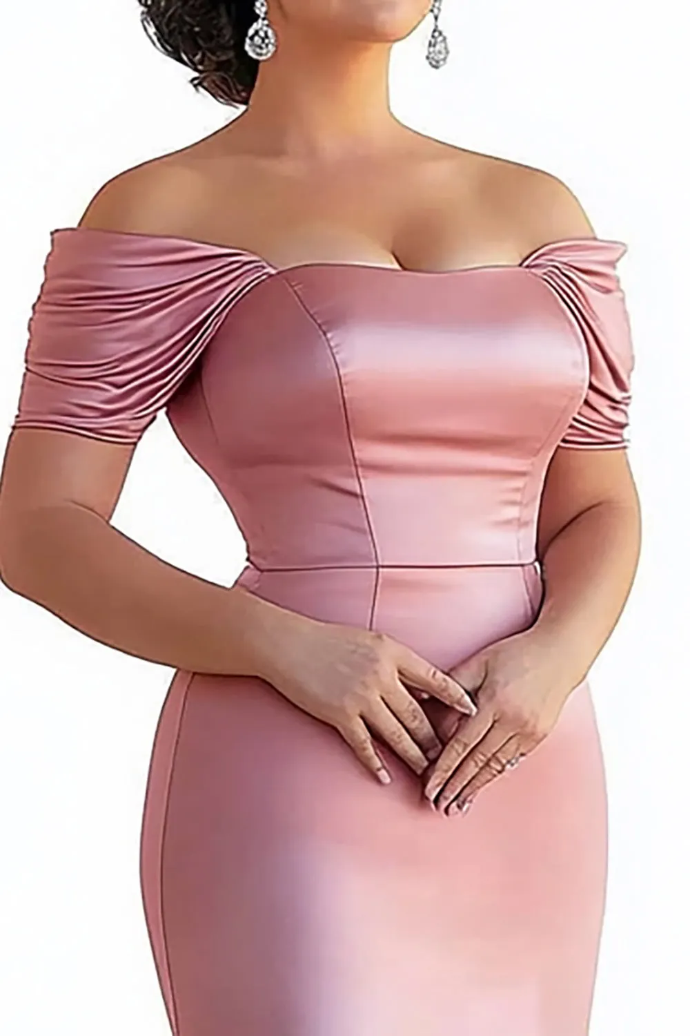 Pink Sheath Ruched Off the Shoulder Satin Long Mother of the Bride Dress sold by Zapaka product image thumbnail 2