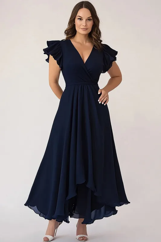 Navy A-Line Ruffle Sleeves Wrap Chiffon Long Mother of the Bride Dress sold by Zapaka