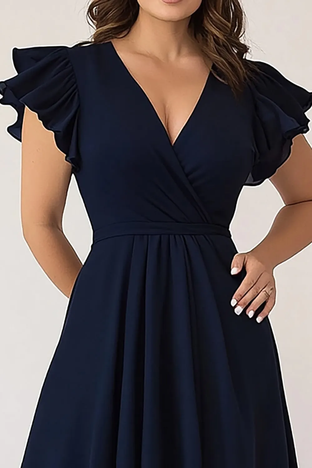 Navy A-Line Ruffle Sleeves Wrap Chiffon Long Mother of the Bride Dress sold by Zapaka product image thumbnail 2