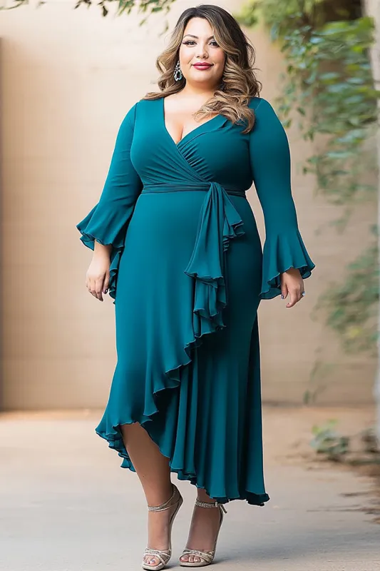Peacock Sheath V Neck Plus Size Chiffon Mother of the Bride Dress With Ruffles sold by Zapaka