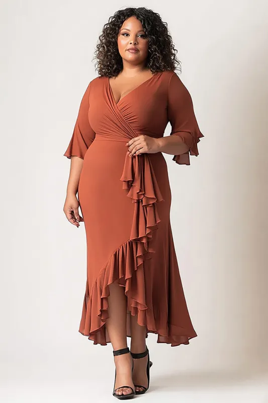Terracotta Sheath V Neck Plus Size Mother of the Bride Dress With Ruffles sold by Zapaka