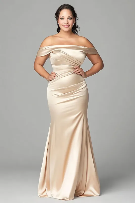 Champagne Mermaid Off the Shoulder Plus Size Satin Mother of the Bride Dress made by Zapaka
