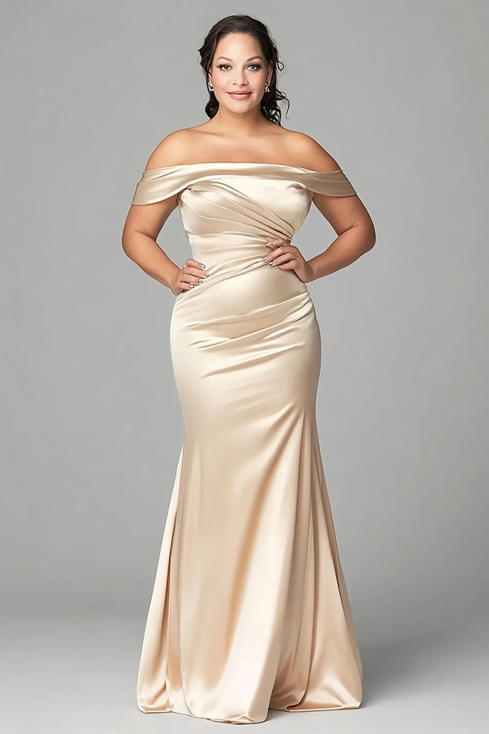 Champagne Mermaid Off the Shoulder Plus Size Satin Mother of the Bride Dress sold by Zapaka