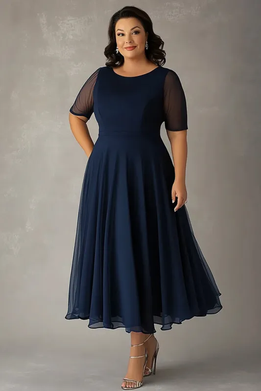 Navy A Line Round Neck Plus Size Chiffon Mother of the Bride Dress sold by Zapaka