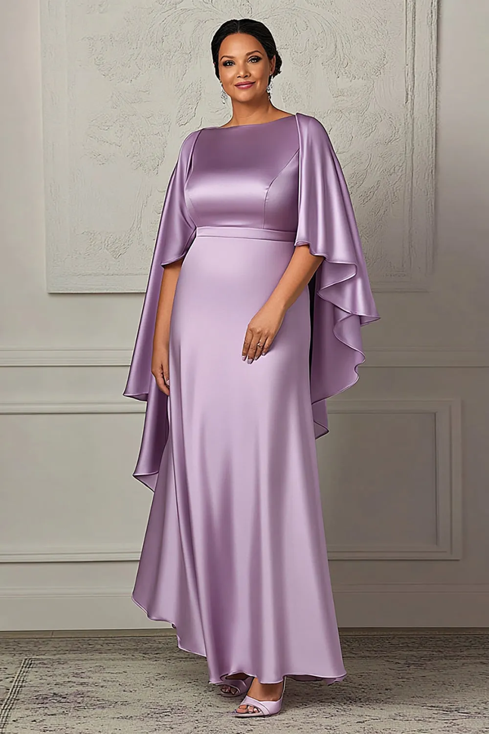 Lilac Sheath Ruffle Sleeves Plus Size Satin Mother of the Bride Dress sold by Zapaka