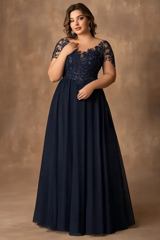 Navy A Line Lace Plus Size Long Mother of the Bride Dress sold by Zapaka