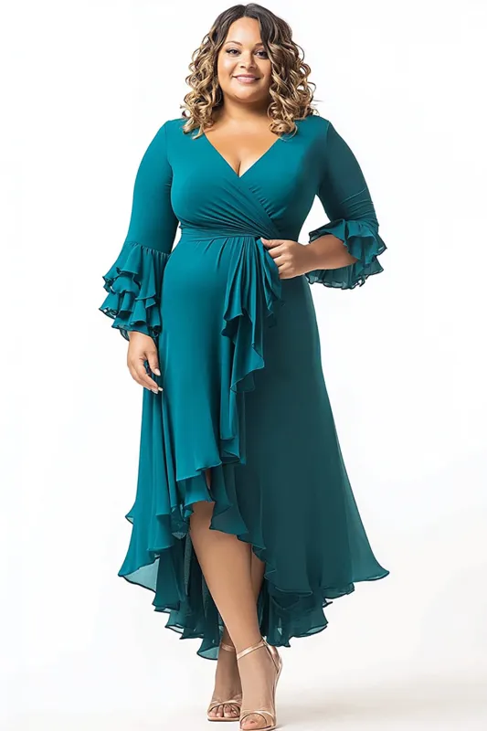 Peacock V Neck Asymmetrical Plus Size Mother of the Bride Dress with Ruffle Sleeves sold by Zapaka