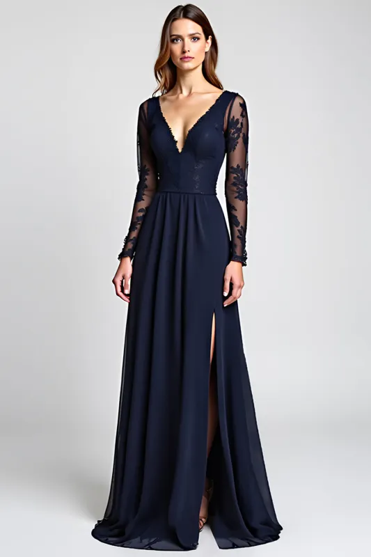 Navy Long Sleeves Sheath Mother Of Bride Dress with Slit sold by Zapaka