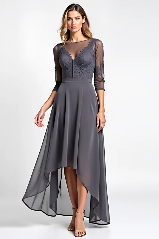 A Line Steel Grey Round Neck Lace Long Mother Of Bride Dress sold by Zapaka