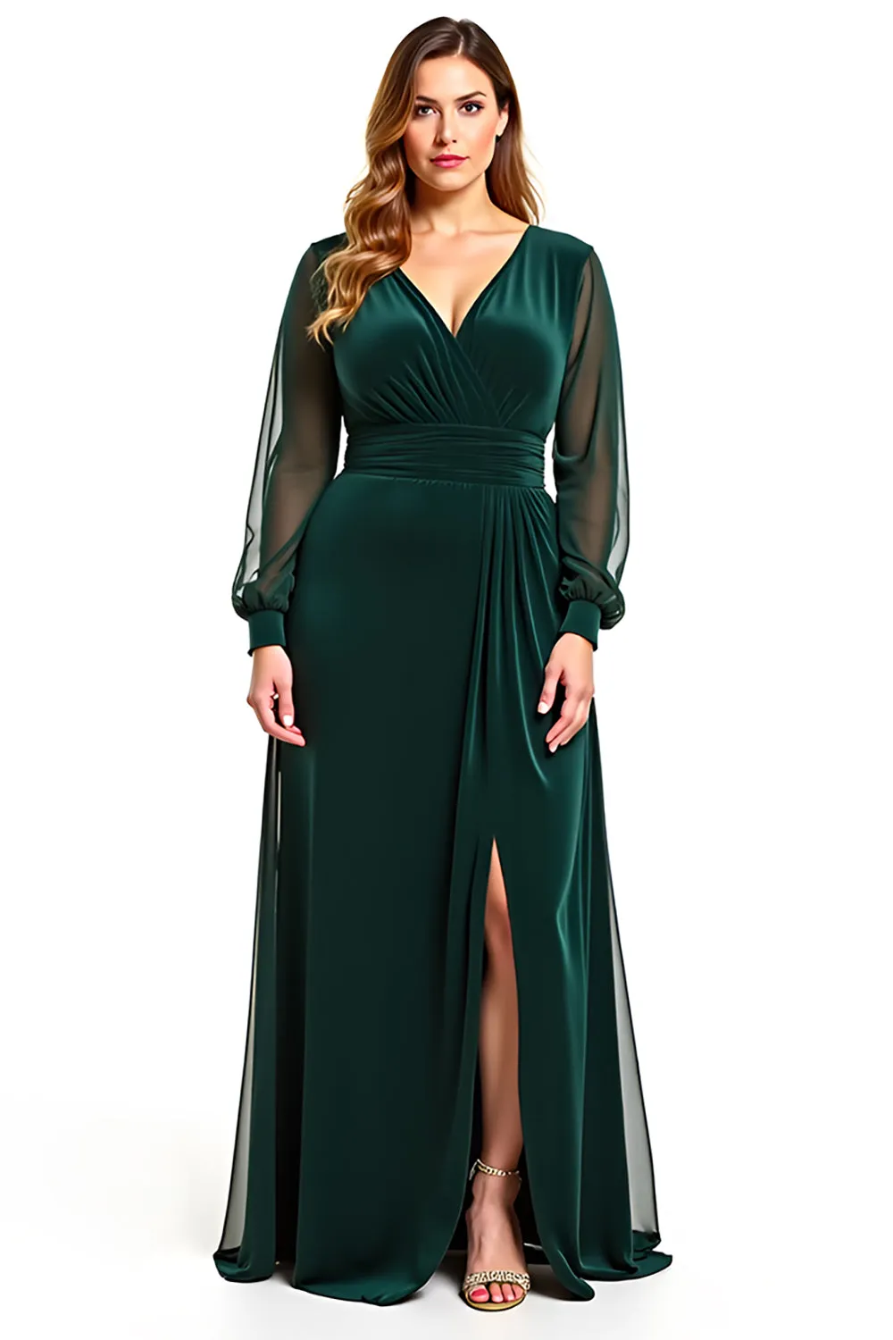 A Line Pine V Neck Long Sleeves Long Mother Of Bride Dress sold by Zapaka