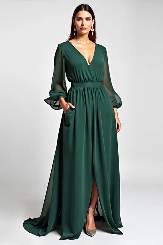 A Line Dark Green V Neck Long Mother Of Bride Dress with Slit sold by Zapaka