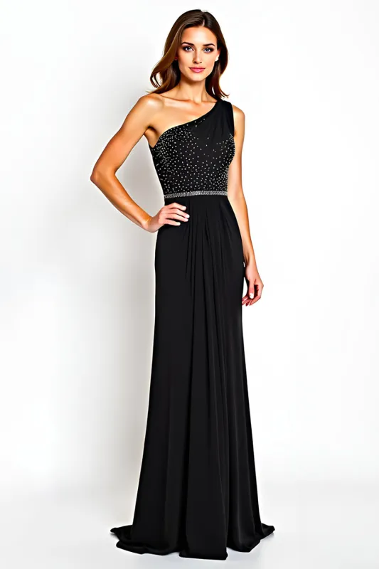 One Shoulder Black Chiffon Sheath Mother of the Bride Dress with Beading sold by Zapaka