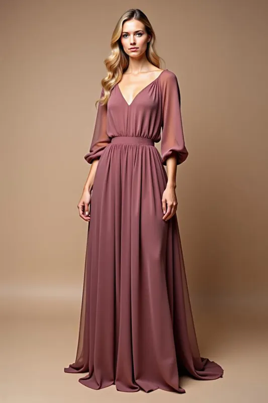 Vintage Mauve Ruched A Line Half Sleeves V Neck Chiffon Mother of the Bride Dress sold by Zapaka