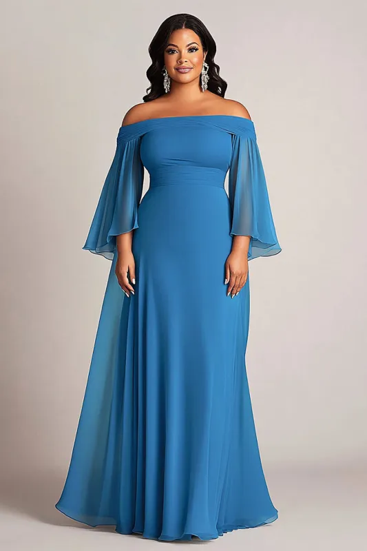 Blue Off the Shoulder Ruffle Sleeves Plus Size Long Mother of the Bride Dress sold by Zapaka