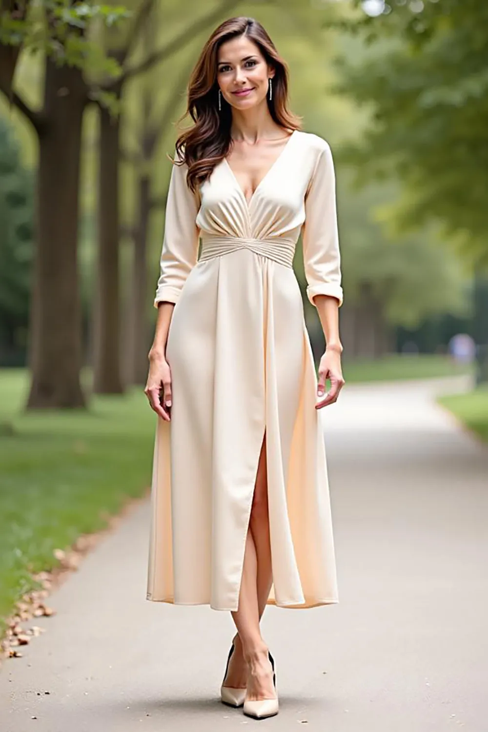 Champagne V Neck A Line 3/4 Sleeves Mother of the Bride Dress sold by Zapaka