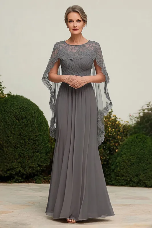 Lace Pleated Sheath Grey Round Neck Mother of the Bride Dress sold by Zapaka