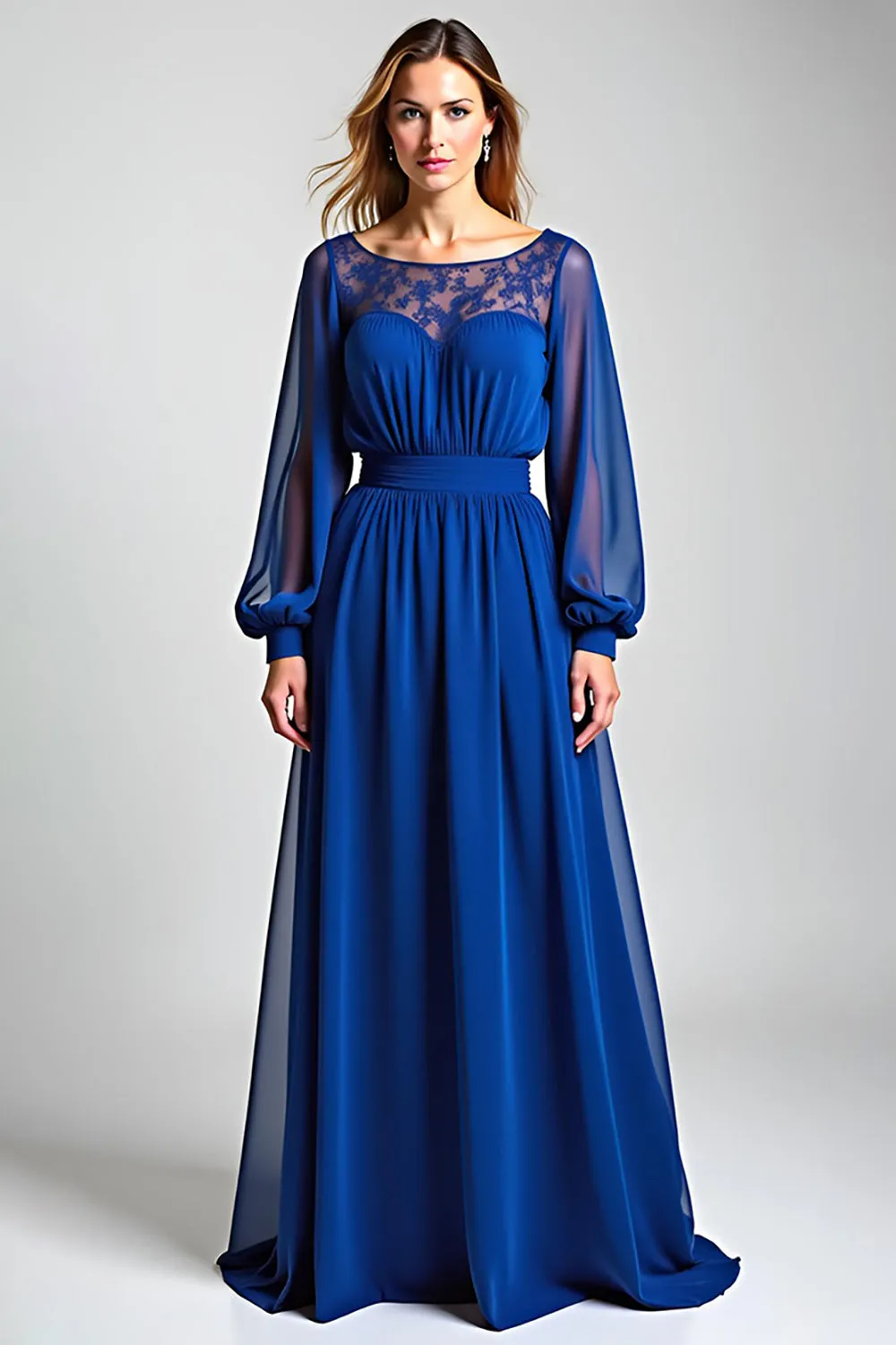 Royal Blue Long Sleeves Chiffon A Line Mother of the Bride Dress sold by Zapaka