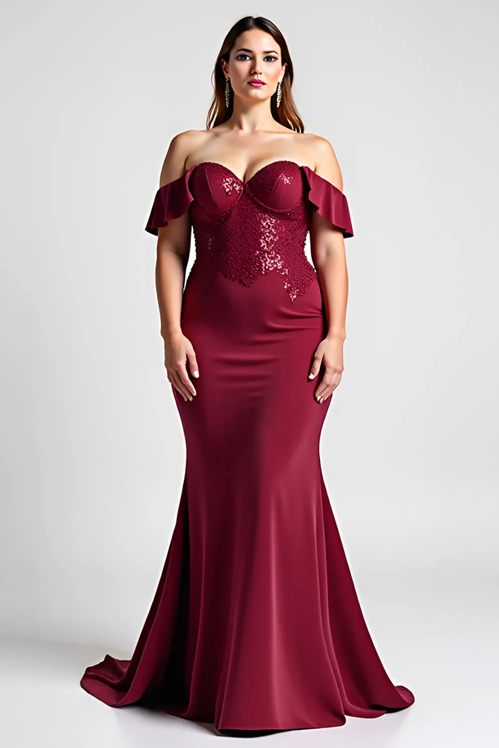Mermaid Burgundy Sequin Off The Shoulder Long Mother Of Bride Dress sold by Zapaka