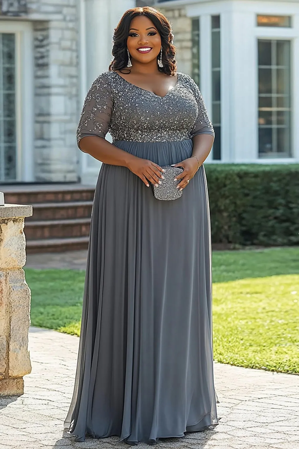Sparkly Grey A Line Plus Size Mother of the Bride Dress with Appliques sold by Zapaka