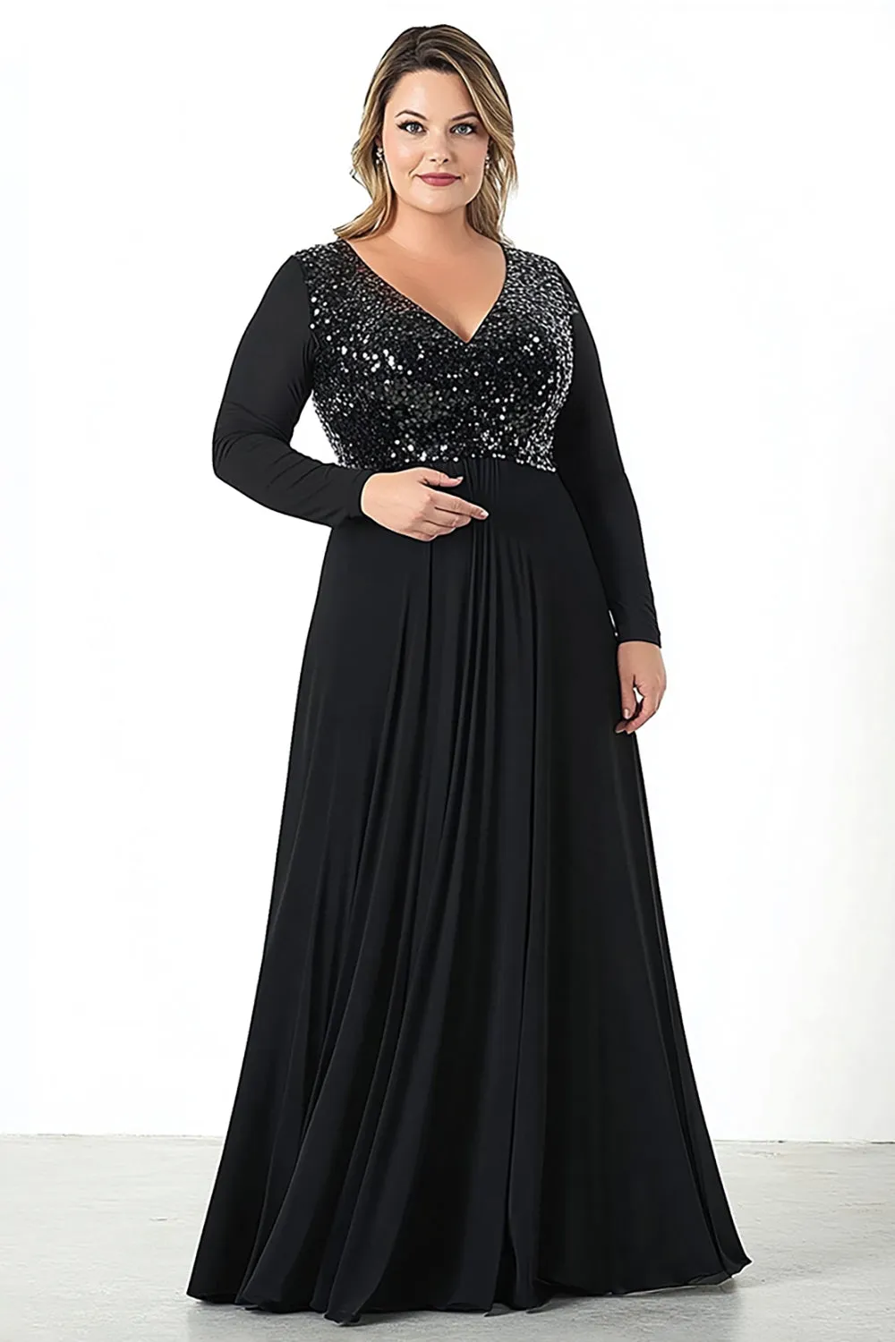 Black V-Neck Sequins Chiffon Plus Size Mother of the Bride Dress with Long Sleeves sold by Zapaka