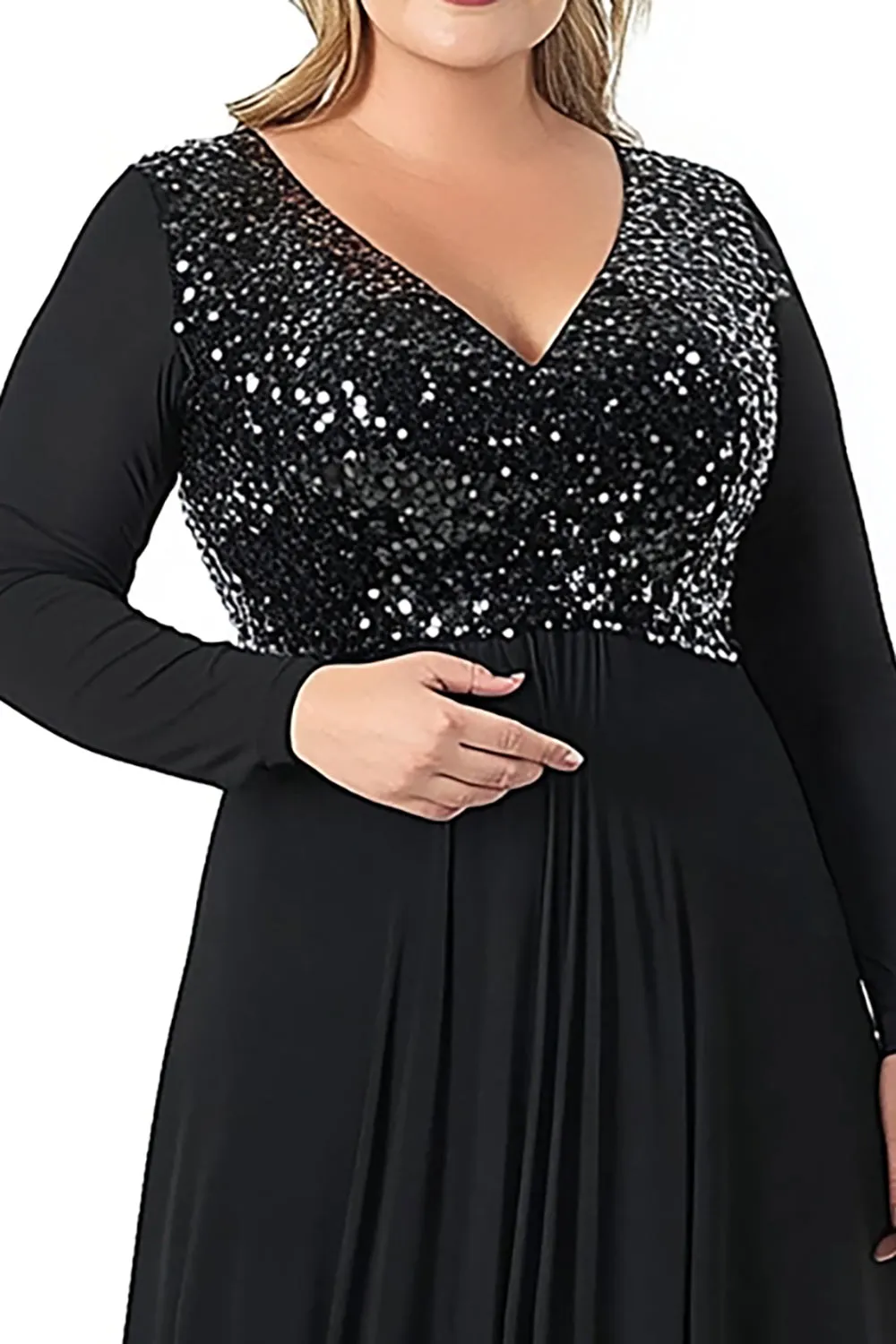 Black V-Neck Sequins Chiffon Plus Size Mother of the Bride Dress with Long Sleeves sold by Zapaka product image thumbnail 2