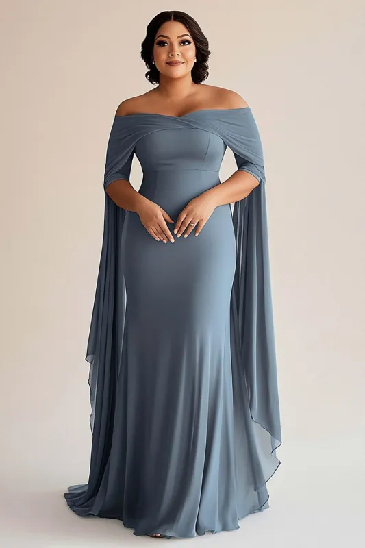 Off The Shoulder Grey Blue Sheath Chiffon Plus Size Mother of the Bride Dress sold by Zapaka
