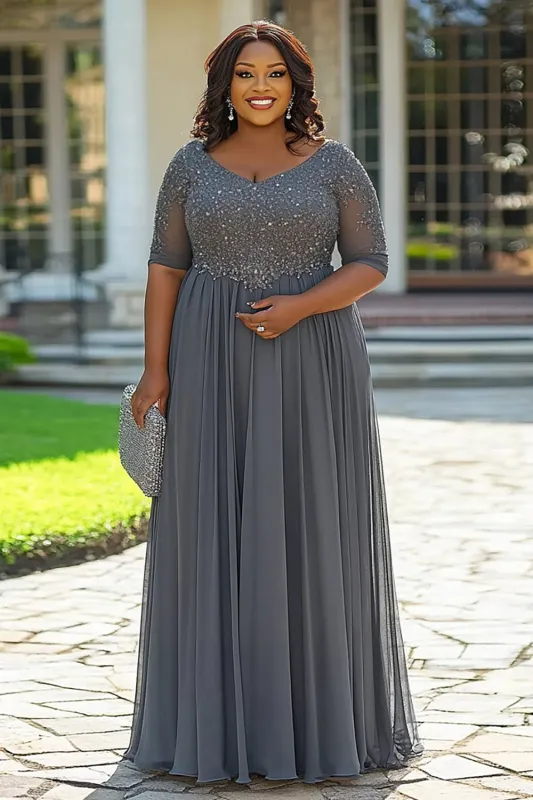 Grey A Line Chiffon Lace Plus Size Mother of the Bride Dress with Short Sleeves made by Zapaka