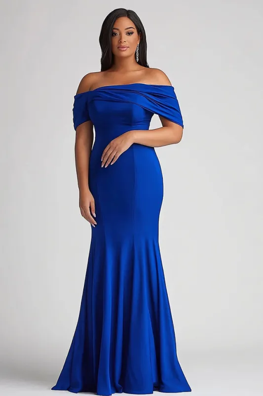 Off The Shoulder Royal Blue Mermaid Satin Plus Size Mother of the Bride Dress sold by Zapaka