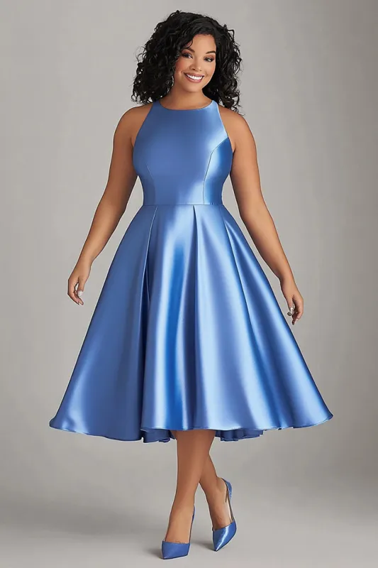 A Line Blue Satin Midi Plus Size Mother of the Bride Dress made by Zapaka