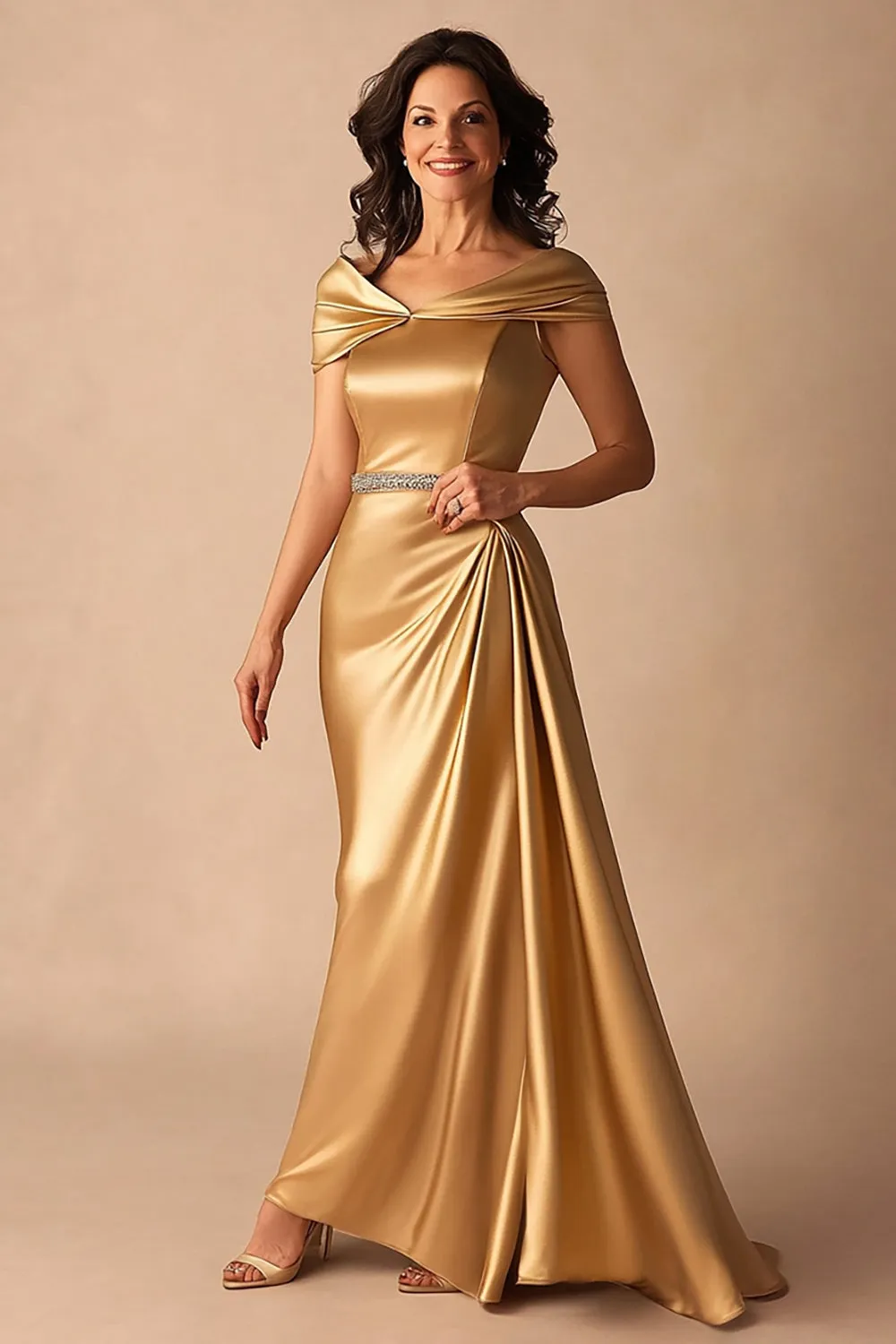 Gold Off The Shoulder Satin Sheath Long Mother Of Bride Dress sold by Zapaka