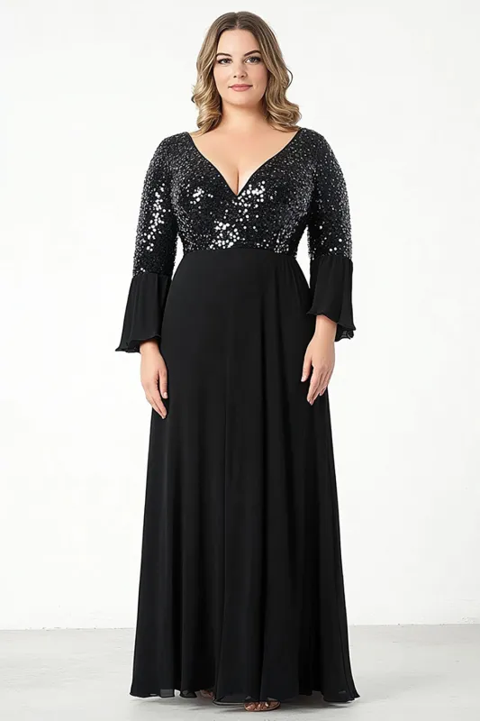 Black A Line V-Neck Sequins Chiffon Plus Size Mother of the Bride Dress sold by Zapaka