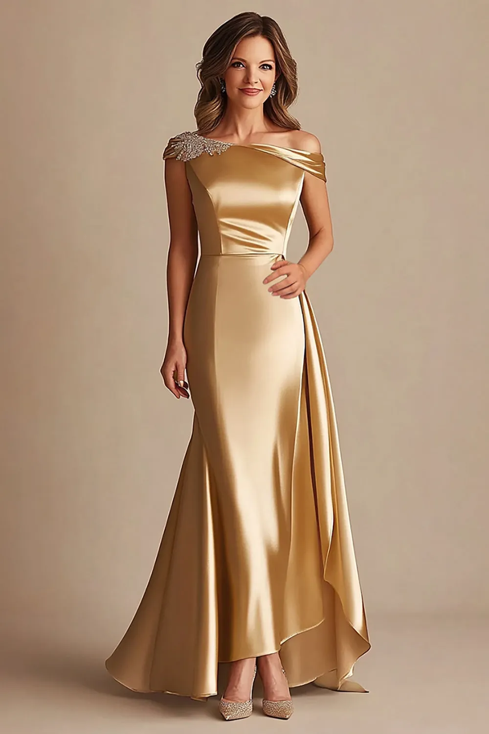 Sheath Gold Off The Shoulder Satin Long Mother Of Bride Dress sold by Zapaka