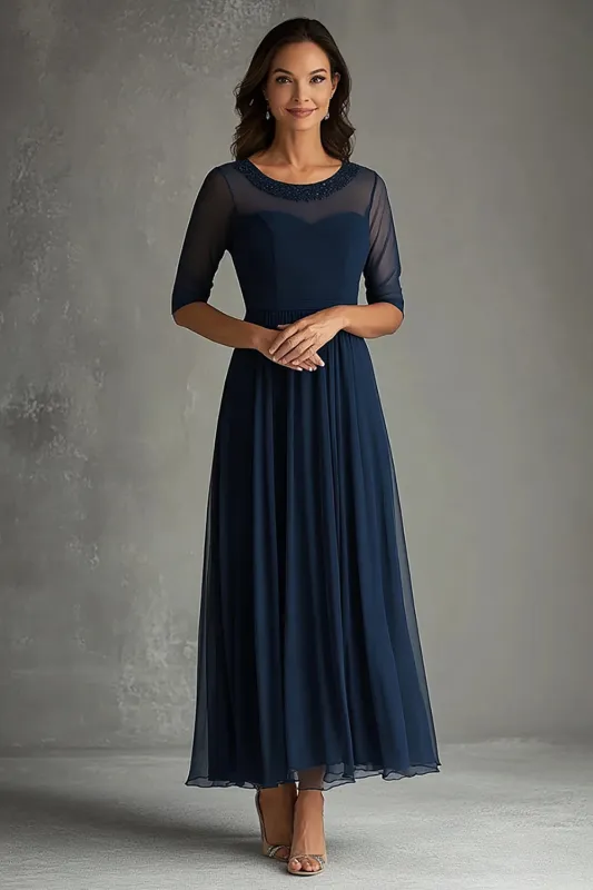Navy Tulle A Line Half Sleeves Pleated Long Mother Of Bride Dress sold by Zapaka