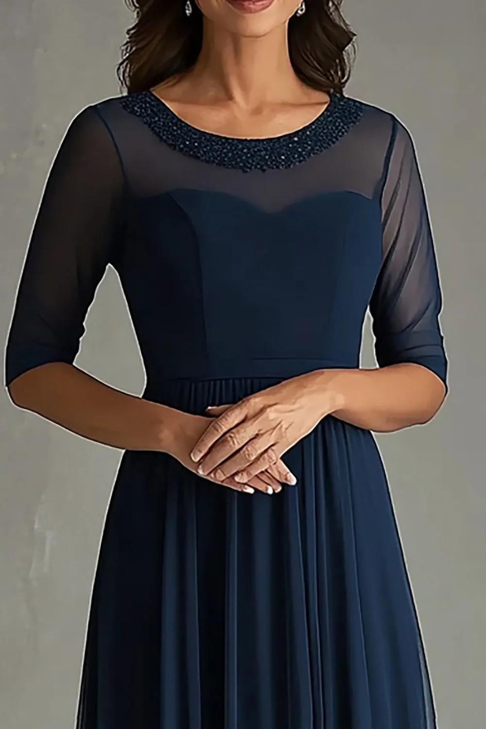 Navy Tulle A Line Half Sleeves Pleated Long Mother Of Bride Dress sold by Zapaka product image thumbnail 2