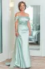 Satin Mint Sheath Off The Shoulder Ruched Long Mother Of Bride Dress sold by Zapaka