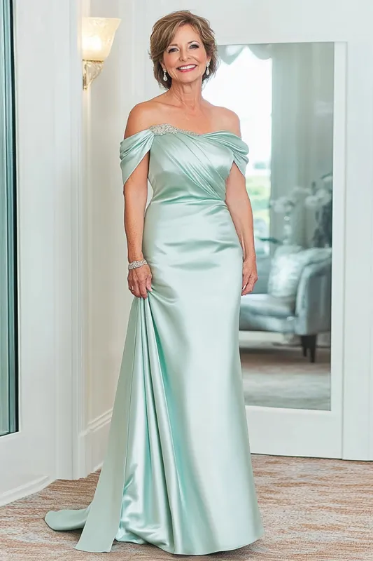 Satin Mint Sheath Off The Shoulder Ruched Long Mother Of Bride Dress sold by Zapaka