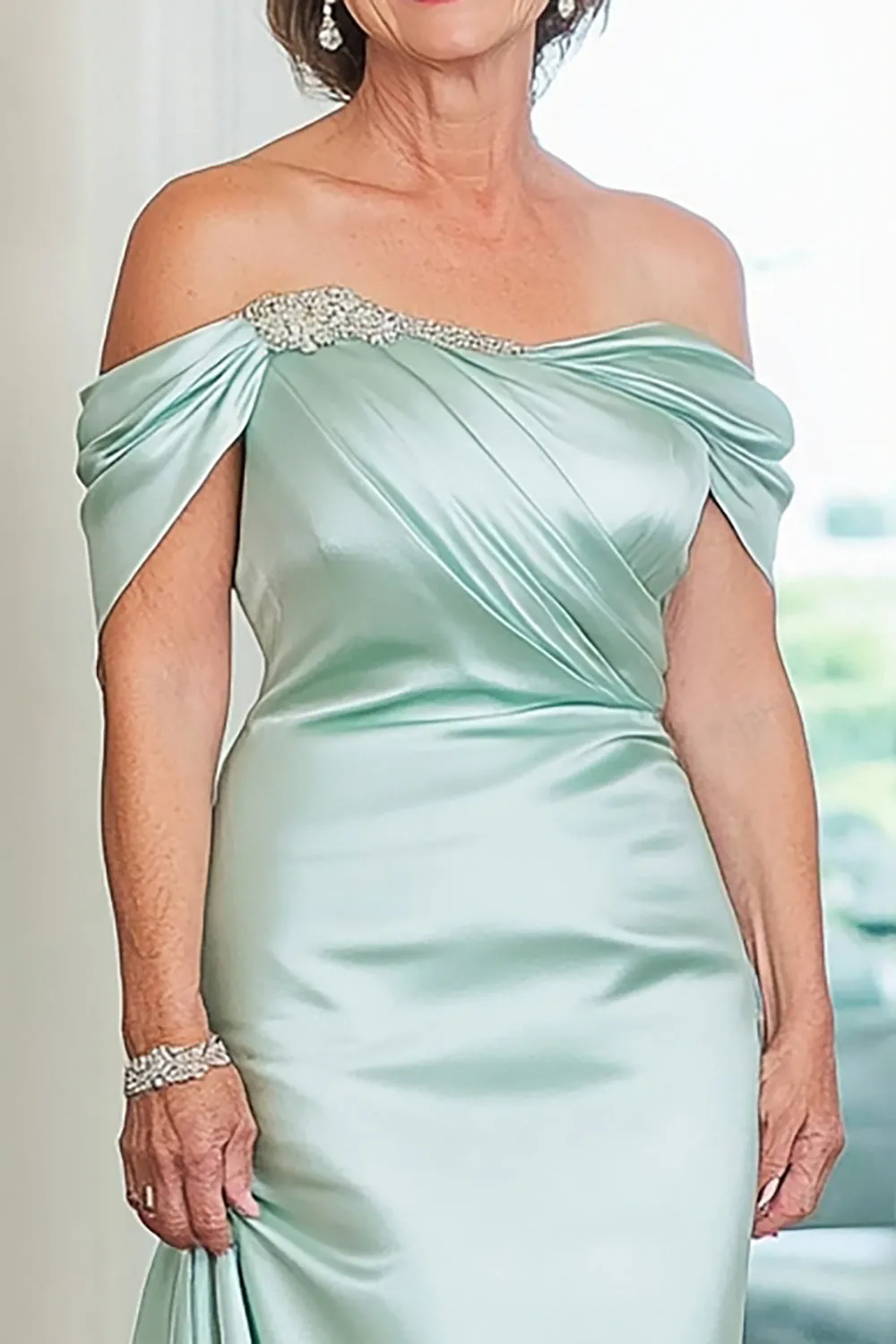 Satin Mint Sheath Off The Shoulder Ruched Long Mother Of Bride Dress sold by Zapaka product image thumbnail 2