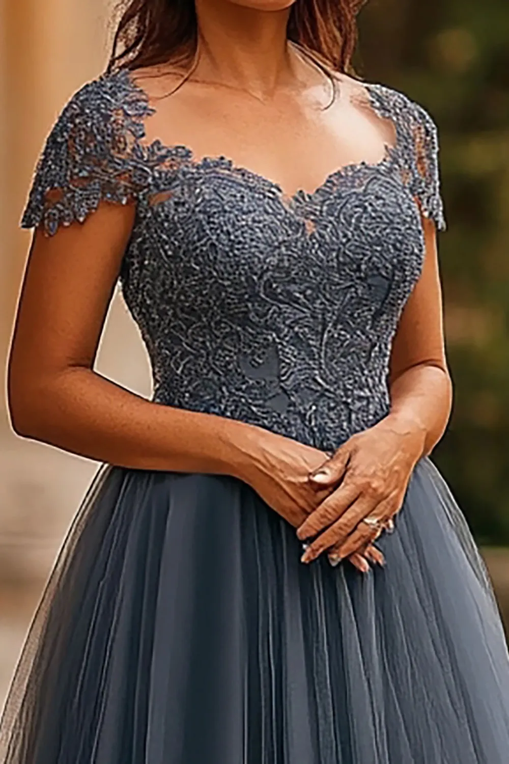Grey Blue Tulle A Line Cap Sleeves Pleated Long Mother Of Bride Dress sold by Zapaka product image thumbnail 2