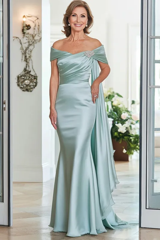 Satin Mint Off The Shoulder Mermaid Ruched Long Mother Of Bride Dress sold by Zapaka