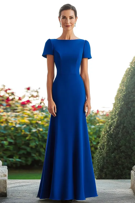 Royal Blue Crepe Sheath Short Sleeves Long Mother Of Bride Dress sold by Zapaka