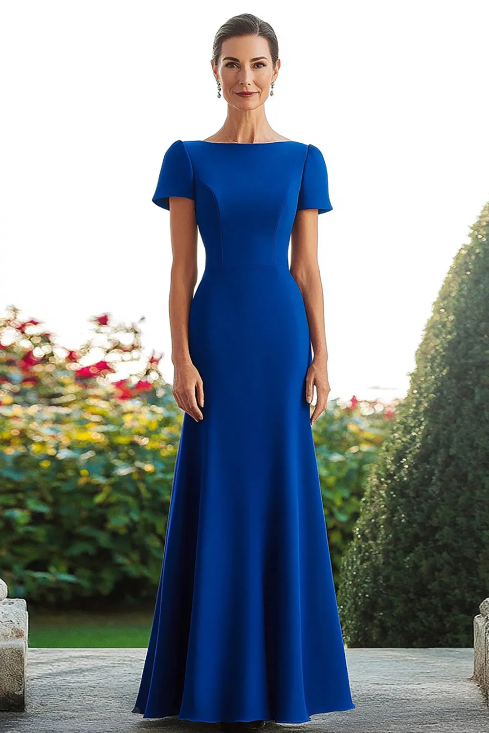 Royal Blue Crepe Sheath Short Sleeves Long Mother Of Bride Dress sold by Zapaka