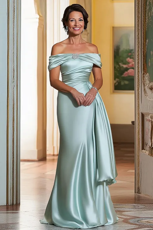 Mint Satin Sheath Off The Shoulder Ruched Long Mother Of Bride Dress made by Zapaka