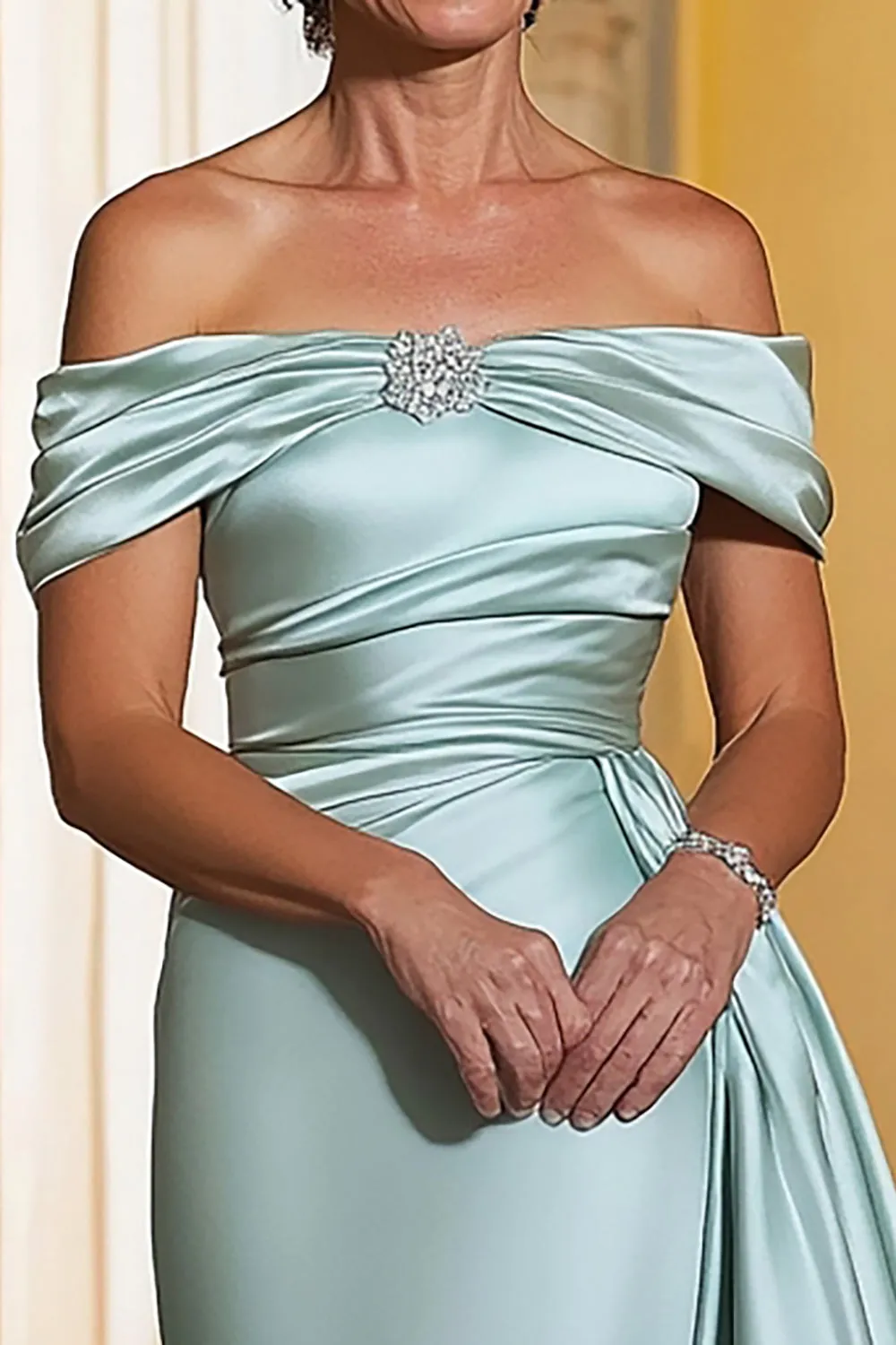 Mint Satin Sheath Off The Shoulder Ruched Long Mother Of Bride Dress sold by Zapaka product image thumbnail 2